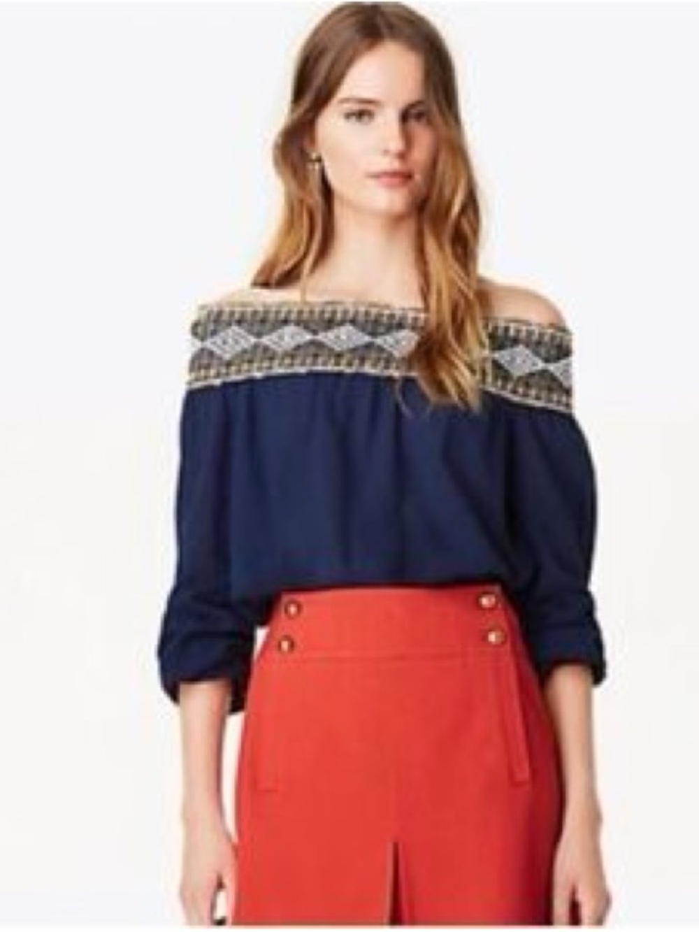 Tory Burch Off-Shoulder Navy Embroidered Blouse